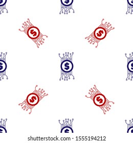 Blue and red Cryptocurrency bitcoin in circle with microchip circuit icon isolated seamless pattern on white background. Blockchain technology, digital money market.  Vector Illustration
