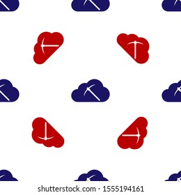 Blue and red Cryptocurrency cloud mining icon isolated seamless pattern on white background. Cloud with pickaxe, bitcoin, digital money market, cryptocoin wallet.  Vector Illustration