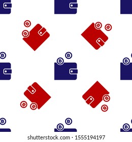 Blue and red Cryptocurrency wallet icon isolated seamless pattern on white background. Wallet and bitcoin sign. Mining concept. Money, payment, cash, pay icon.  Vector Illustration