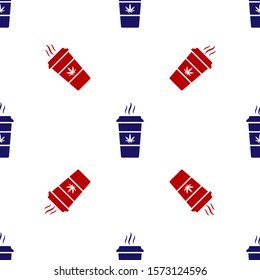 Blue and red Cup coffee with marijuana or cannabis leaf icon isolated seamless pattern on white background. Marijuana legalization. Hemp symbol.  Vector Illustration