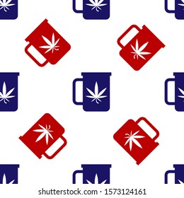 Blue and red Cup tea with marijuana or cannabis leaf icon isolated seamless pattern on white background. Marijuana legalization. Hemp symbol.  Vector Illustration