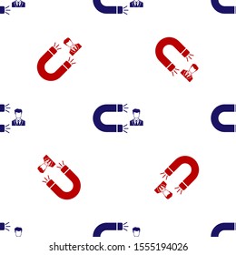 Blue and red Customer attracting icon isolated seamless pattern on white background. Customer retention, support and service. Customer man attracting with magnet.  Vector Illustration