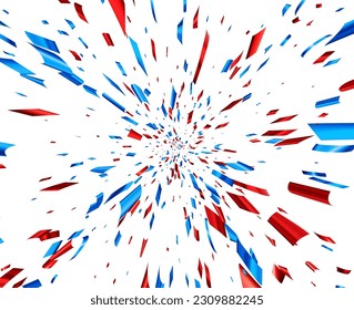 Blue and red cut out foil ribbon perspective confetti background. Flying in cosmos with high speed effect. Design element. Vector illustration.