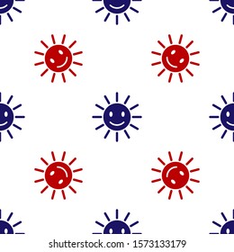 Blue and red Cute sun with smile icon isolated seamless pattern on white background. Funny smiling sun. Happy sunny smile.  Vector Illustration