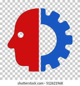 Blue And Red Cyborg Head interface pictogram. Vector pictograph style is a flat bicolor symbol on chess transparent background.