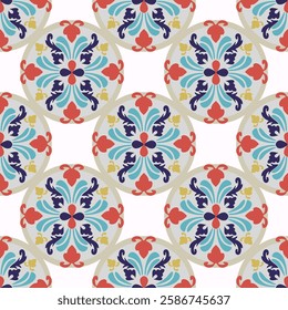 Blue and red damask seamless pattern with decorative flowers in the circle. Portuguese tile azulejo. Vector illustration. Idea for tiles, pottery, and textiles. Mediteranian style.