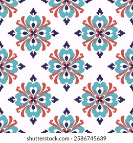 Blue and red damask seamless pattern with decorative flowers. Portuguese tile azulejo. Vector illustration. Idea for tiles, pottery, textiles, and home decor. Mediteranian style.