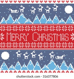 Blue, red and dark blue Scandinavian Merry xmas seamless nordic pattern with winter mountains view, reindeer, stars, snowflakes, hearts, sleigh, moon, snow In norwegian style cross stitch 
