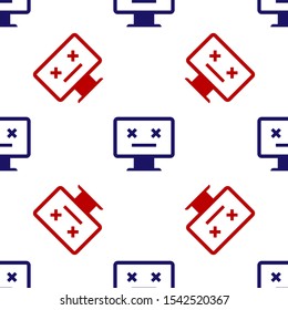 Blue and red Dead monitor icon isolated seamless pattern on white background. 404 error like pc with dead emoji. Fatal error in pc system.  Vector Illustration
