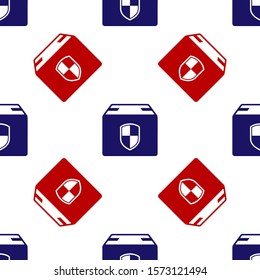 Blue and red Delivery pack security symbol with shield icon isolated seamless pattern on white background. Delivery insurance. Insured cardboard boxes beyond the shield.  Vector Illustration