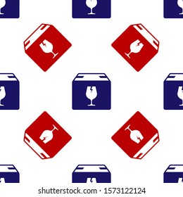 Blue and red Delivery package box with fragile content symbol of broken glass icon isolated seamless pattern on white background. Box, package, parcel sign.  Vector Illustration