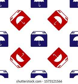 Blue and red Delivery package with umbrella symbol icon isolated seamless pattern on white background. Parcel cardboard box with umbrella sign. Logistic and delivery.  Vector Illustration