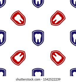 Blue and red Dental protection icon isolated seamless pattern on white background. Tooth on shield logo icon.  Vector Illustration