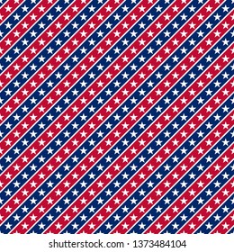 Blue and red diagonal stripes with white ribbons. Seamless vector background in American style.