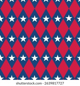 Blue and red diamonds seamless pattern with white stars in American flag colors. For Independence Day print, fabric and textile 