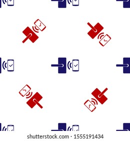 Blue and red Digital door lock with wireless technology for unlock icon isolated seamless pattern on white background. Door handle sign. Security smart home.  Vector Illustration
