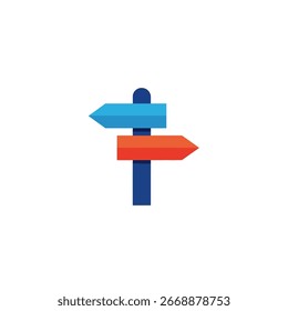 A blue and red direction sign points in opposite directions on a white background.