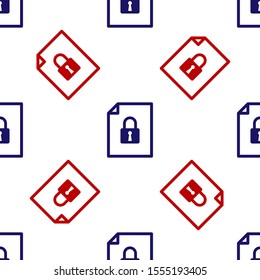 Blue and red Document and lock icon isolated seamless pattern on white background. File format and padlock. Security, safety, protection concept.  Vector Illustration