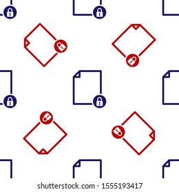 Blue and red Document and lock icon isolated seamless pattern on white background. File format and padlock. Security, safety, protection concept.  Vector Illustration