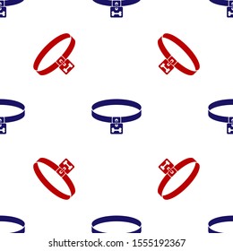 Blue and red Dog collar with name tag and bone plaque icon isolated seamless pattern on white background. Supplies for domestic animal. Cat and dog care. Pet dog chains.  Vector Illustration