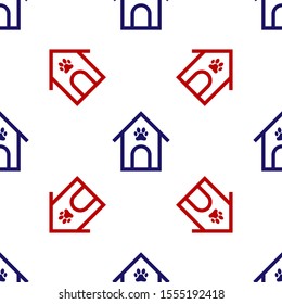 Blue and red Dog house and paw print pet icon isolated seamless pattern on white background. Dog kennel.  Vector Illustration