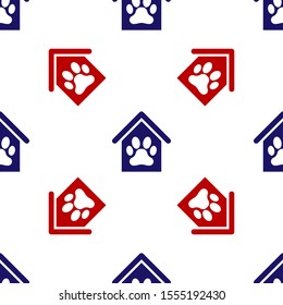 Blue and red Dog house and paw print pet icon isolated seamless pattern on white background. Dog kennel.  Vector Illustration