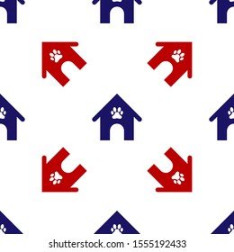 Blue and red Dog house and paw print pet icon isolated seamless pattern on white background. Dog kennel.  Vector Illustration