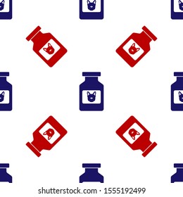 Blue and red Dog medicine bottle icon isolated seamless pattern on white background. Container with pills. Prescription medicine for animal.  Vector Illustration