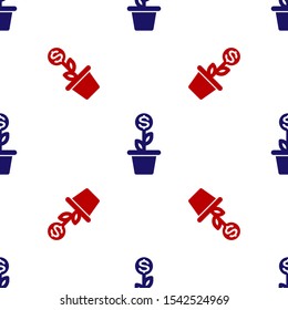 Blue and red Dollar plant in the pot icon isolated seamless pattern on white background. Business investment growth concept. Money savings and investment.  Vector Illustration