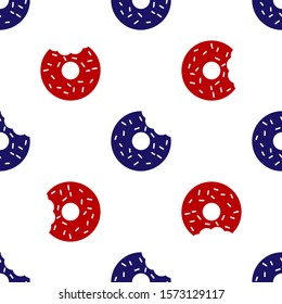 Blue and red Donut with sweet glaze icon isolated seamless pattern on white background.  Vector Illustration