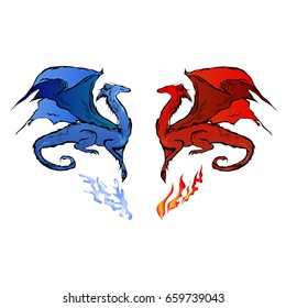 Blue and red dragons on the white background