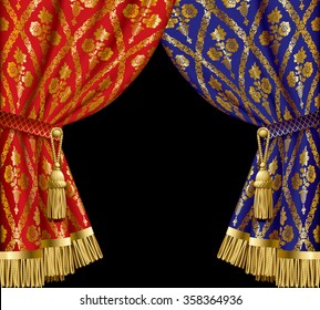 Blue and red drapes with gold vintage ornament on black background.  Vector illustration