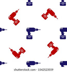 Blue and red Drill machine icon isolated seamless pattern on white background.  Vector Illustration