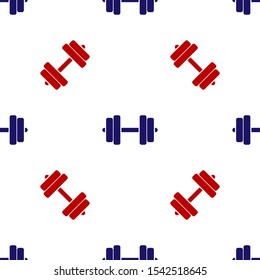 Blue and red Dumbbell icon isolated seamless pattern on white background. Muscle lifting icon, fitness barbell, gym icon, sports equipment symbol, exercise bumbbell.  Vector Illustration