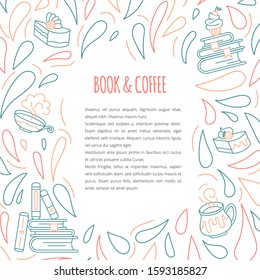 
Blue and red dynamic vector social media post template for library, book shop, cafe or club. Books, coffee cups, cakes and drops. Abstract vector frame with blank space and sample text.