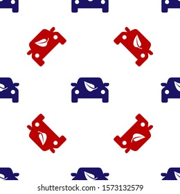 Blue and red Eco car concept drive with leaf icon isolated seamless pattern on white background. Green energy car symbol.  Vector Illustration