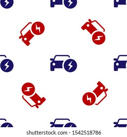 Blue and red Electric car and electrical cable plug charging icon isolated seamless pattern on white background. Renewable eco technologies.  Vector Illustration