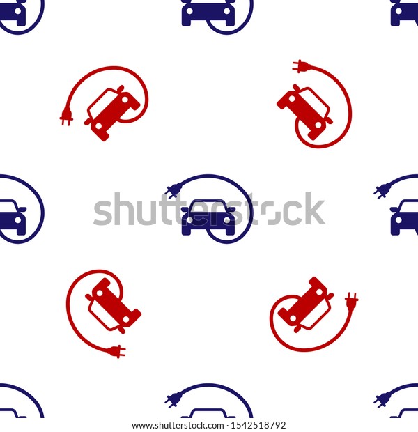 Blue and red Electric\
car and electrical cable plug charging icon isolated seamless\
pattern on white background. Renewable eco technologies.  Vector\
Illustration