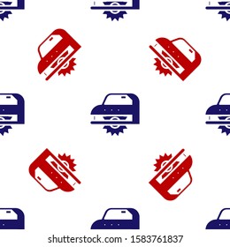 Blue and red Electric circular saw with steel toothed disc icon isolated seamless pattern on white background. Electric hand tool for cutting wood or metal.  Vector Illustration
