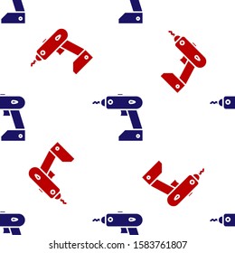 Blue and red Electric cordless screwdriver icon isolated seamless pattern on white background. Electric drill machine. Repair tool.  Vector Illustration