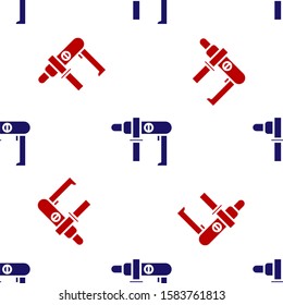 Blue and red Electric drill machine icon isolated seamless pattern on white background. Repair tool.  Vector Illustration