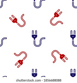 Blue and red Electric plug icon isolated seamless pattern on white background. Concept of connection and disconnection of the electricity. Vector.