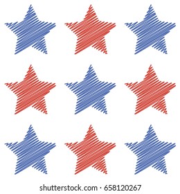 Blue and red embroidered star sparkles lines. American flag colors vector seamless background. Stars with embroidery texture on white, stitch effect pattern. USA 4th of july pattern