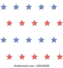 Blue and red embroidered star sparkles lines. American flag colors vector seamless background. Stars with embroidery texture on white, stitch effect pattern. USA 4th of july pattern