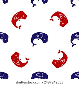 Blue and red Environment protection concept whale dead icon isolated seamless pattern on white background.  Vector Illustration