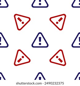 Blue and red Exclamation mark in triangle icon isolated seamless pattern on white background. Hazard warning sign, careful, attention, danger warning sign.  Vector