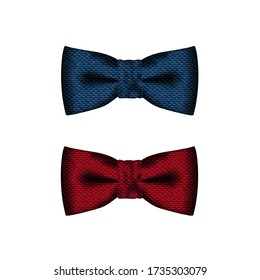 Blue and red fabric bow tie mockup on white background. Necktie selfie filter effect for social photo. Cloth butterfly textile texture. Gentleman suit element. Silk, satin bowtie. Vector illustration.