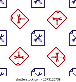 Blue and red File document with screwdriver and wrench icon isolated seamless pattern on white background. Adjusting, service, setting, maintenance, repair, fixing.  Vector Illustration