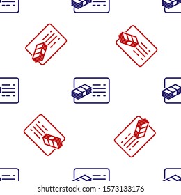 Blue and red Financial document line icon isolated seamless pattern on white background. Invoice and money icon. Budget planning, money saving and paying debt concept.  Vector Illustration