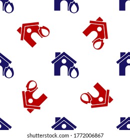 Blue and red Fire in burning house icon isolated seamless pattern on white background. Insurance concept. Security, safety, protection, protect concept. Vector.